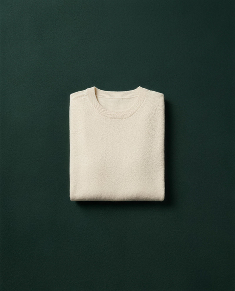 Folded cream cashmere sweater centred on dark green velvet